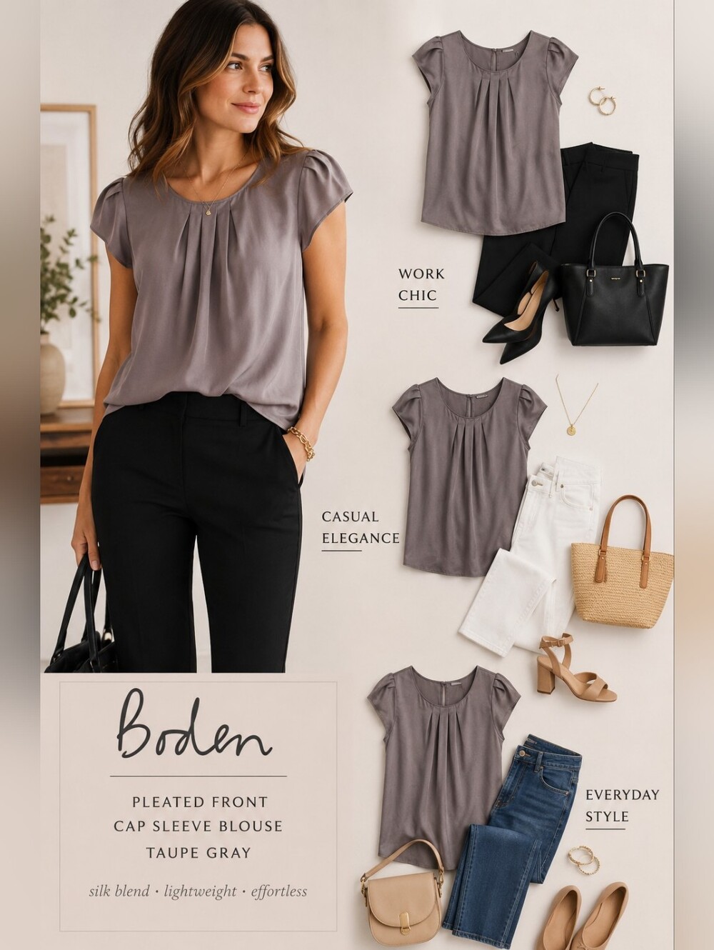 Boden Silk Blend Pleated Front Cap Sleeve Blouse Taupe Gray US 6 UK 10